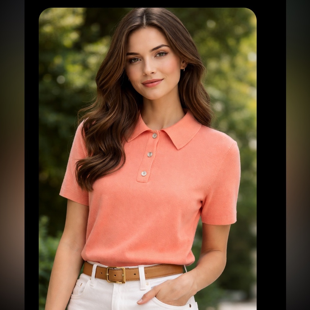 New Tahari Women's Coral Short-Sleeve Polo Sweater size XL 100% cashmere